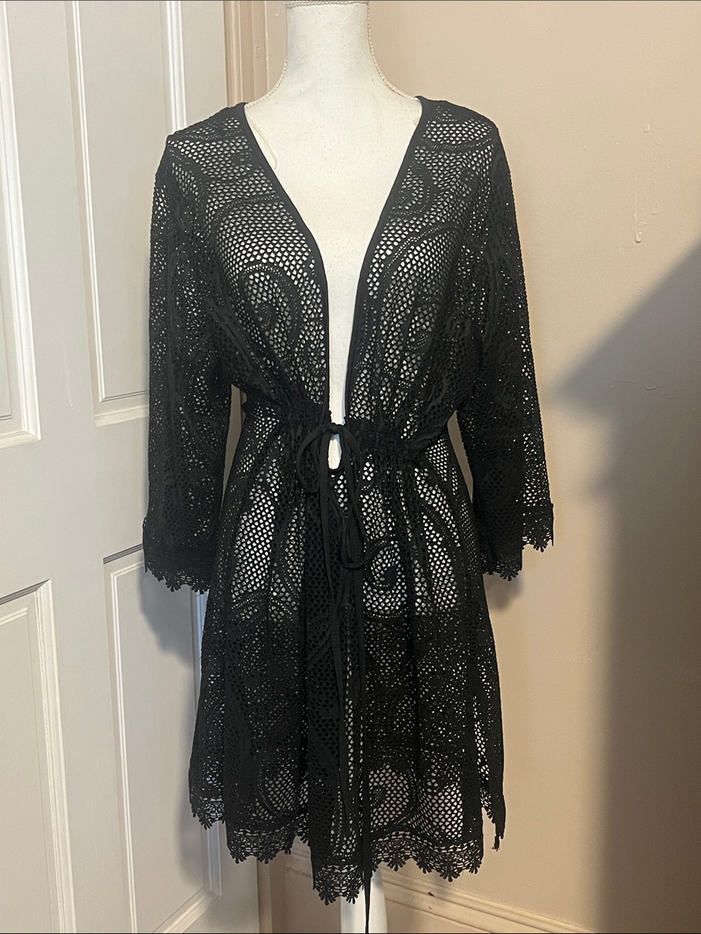 Black Crochet Tie-Waist Swim Coverup